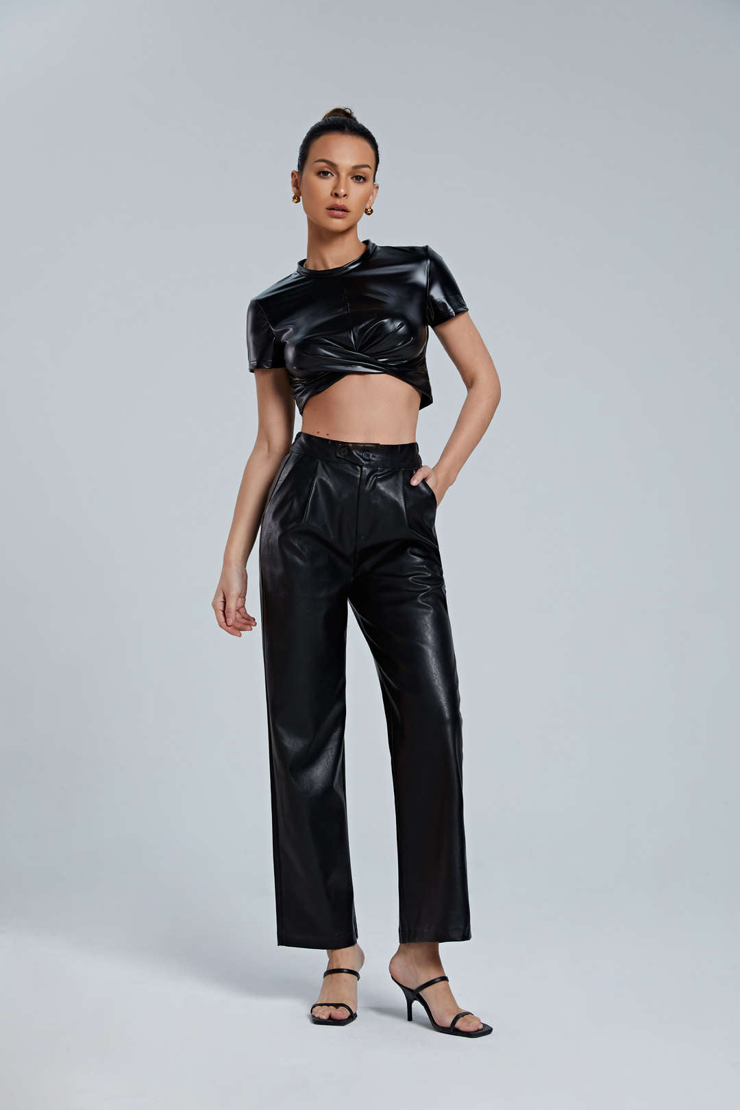 Faux Leather Elastic Waistband Straight Leg Pants