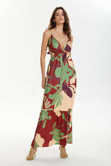 Floral Print Tie Back Ruffle Maxi Dress