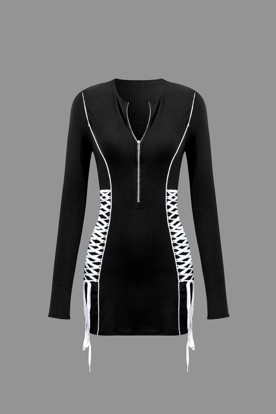 Lace-Up Zip Front Long Sleeve Mini Dress