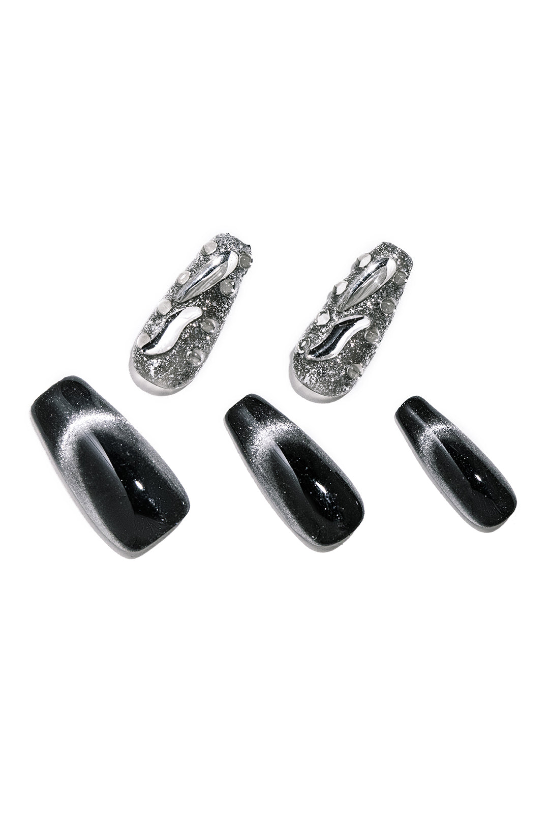 Rhinestone Embellished Cat Eye Coffin Shape Handmade Nail Art