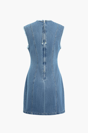 Fray Trim Zipper Round Neck Sleeveless Denim Mini Dress