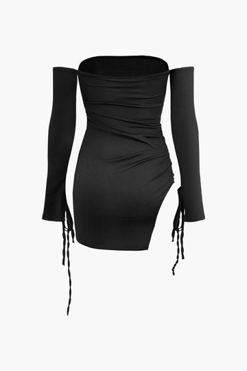 Off Shoulder Ruched Drawstring Mini Dress