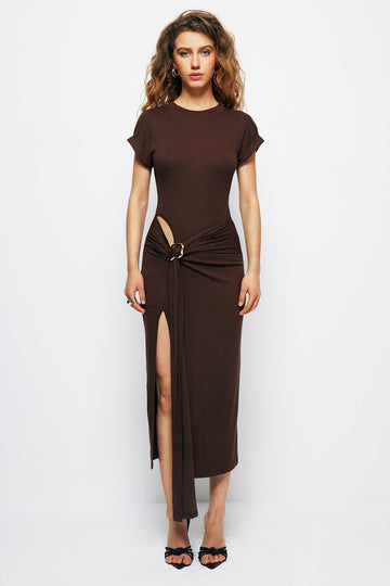 Tie Cut Out Ruched Midi Dress