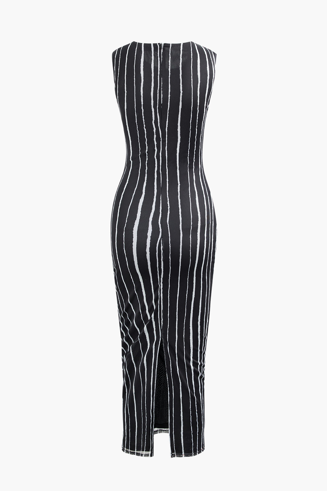 Contrast Line Print Mesh Ruched Slit Sleeveless Maxi Dress