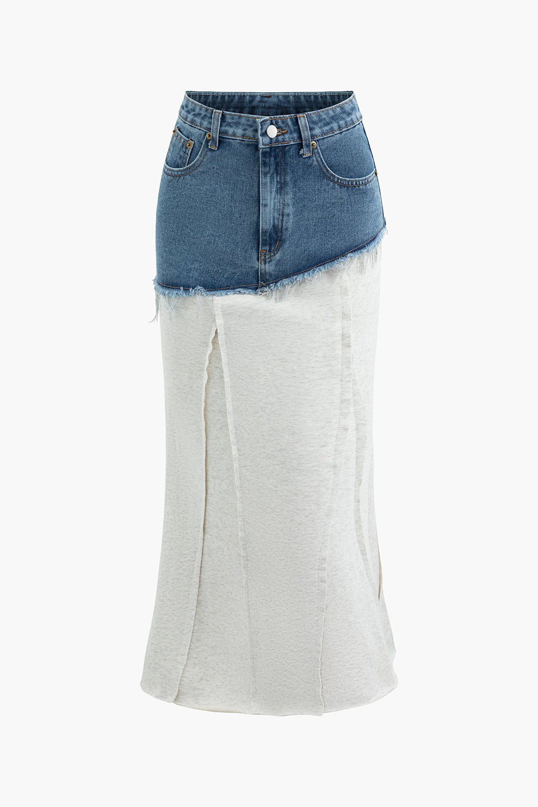 Denim Panel Asymmetrical Midi Skirt