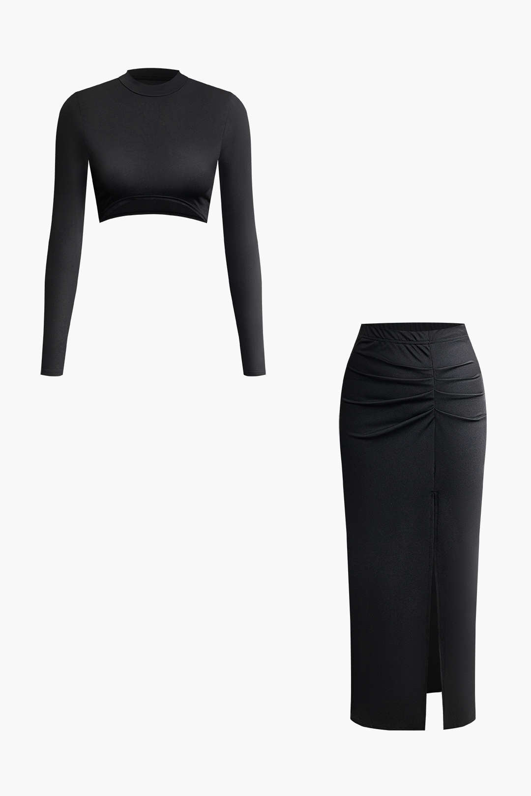 Mock Neck Crop Top And Ruched Split Maxi Skirt Set