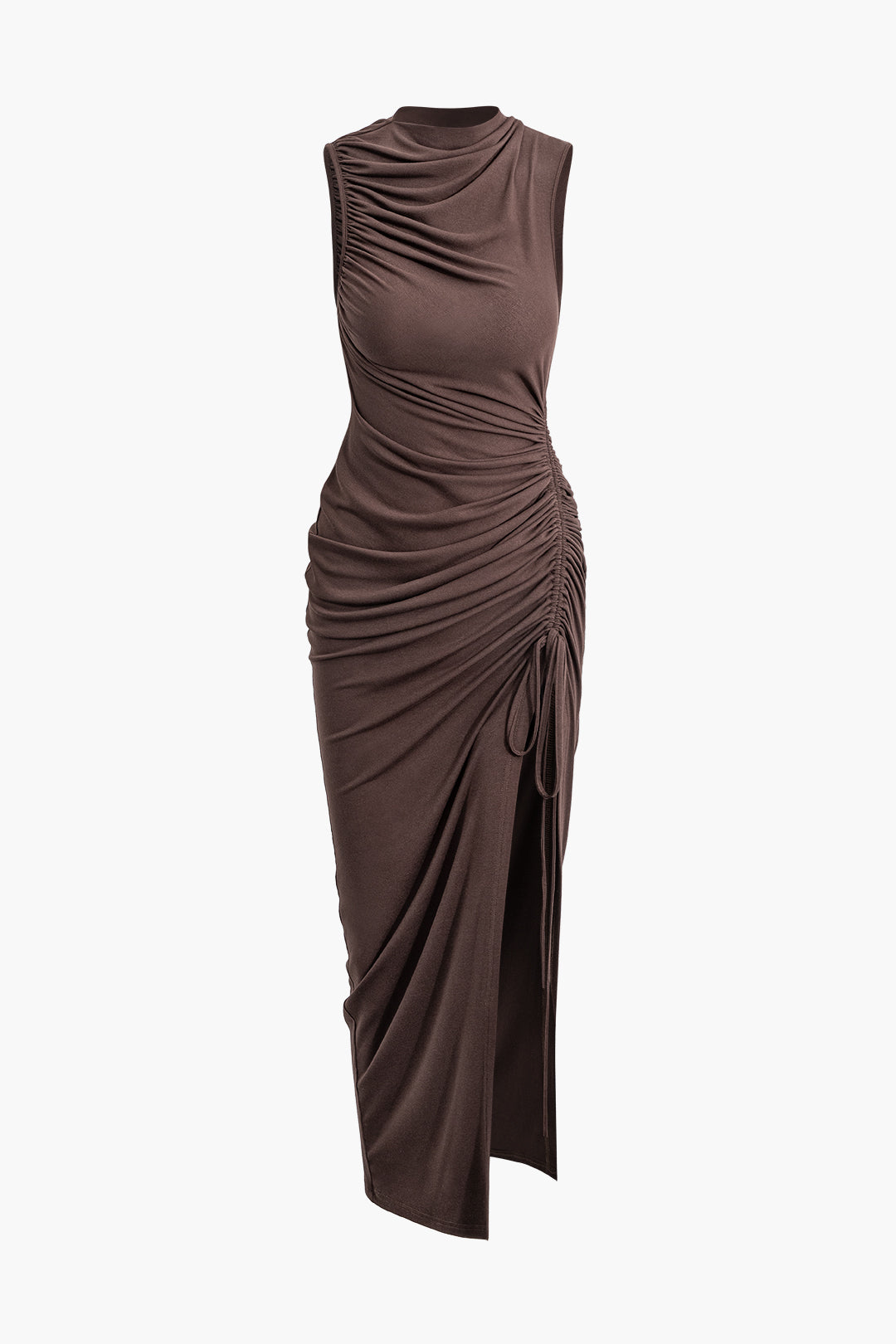 Asymmetric Ruched Drawstring Slit Sleeveless Maxi Dress