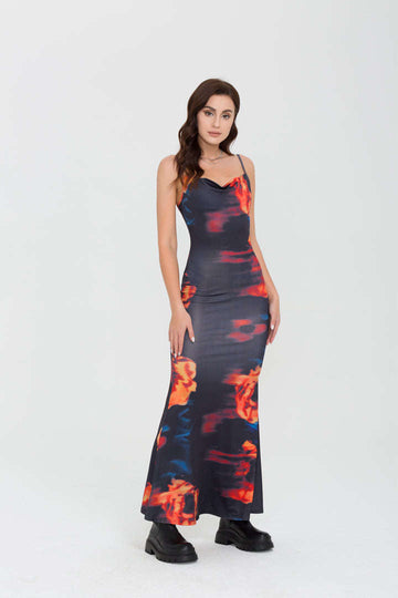 Printed Cowl Neck Maxi Dress