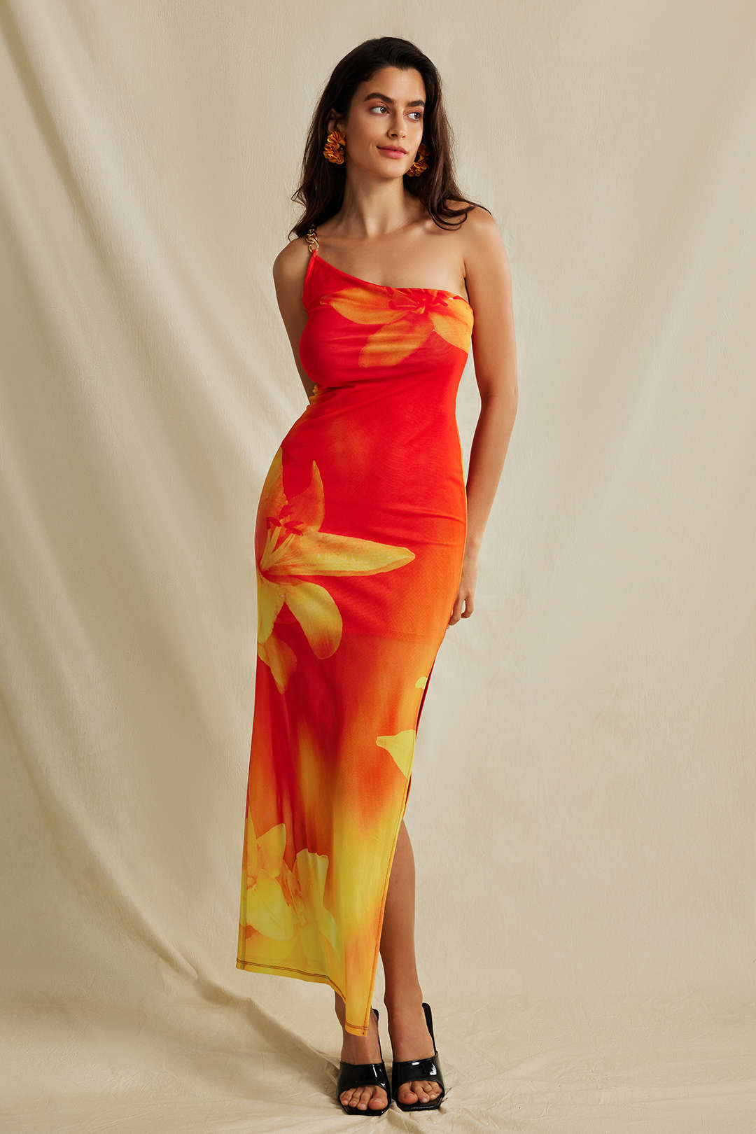 Lily Print Asymmetric One Shoulder Maxi Dress