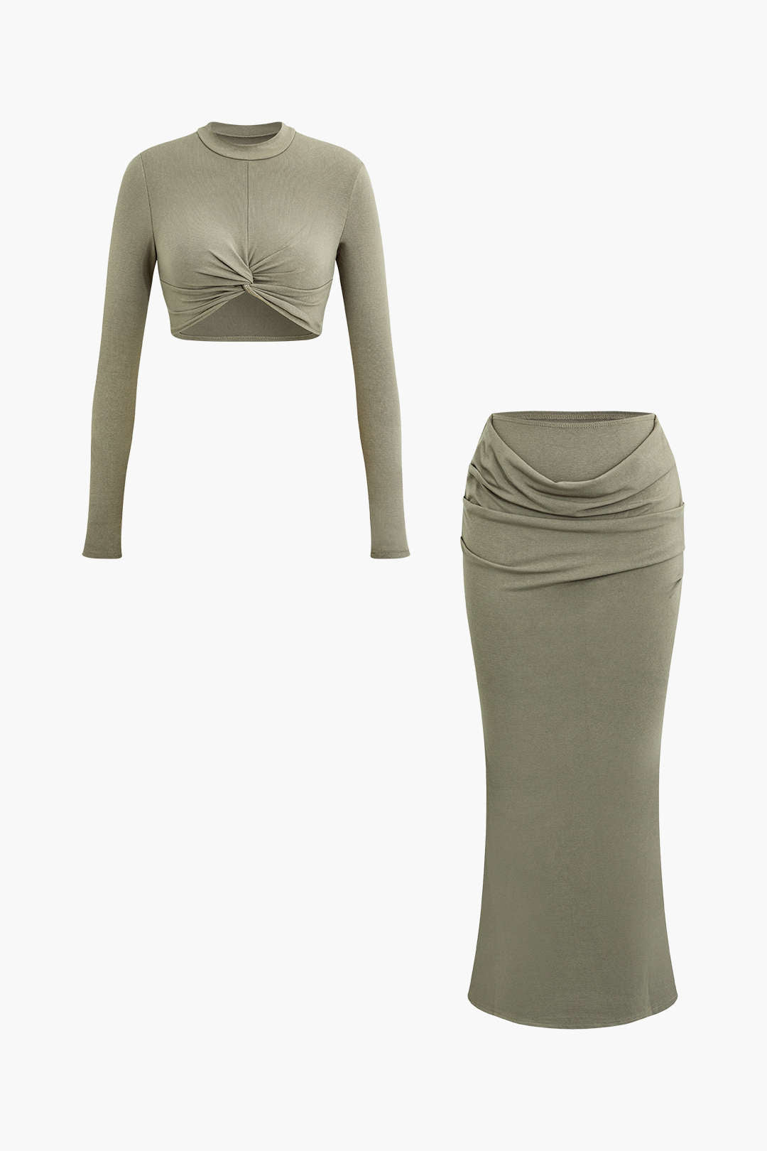 Twist Mock Neck Long Sleeve Crop Top And Ruched Mermaid Maxi Skirt Set