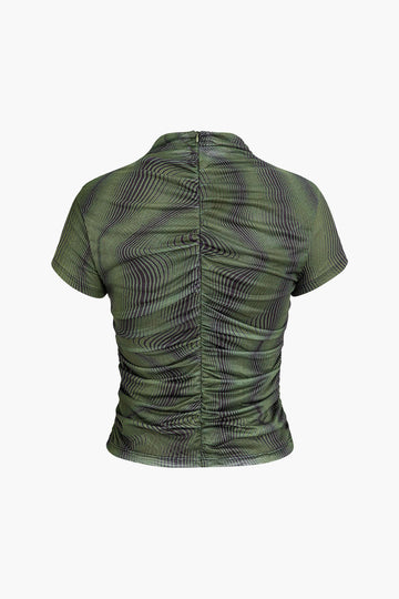 Print Ruched Zipper T-shirt