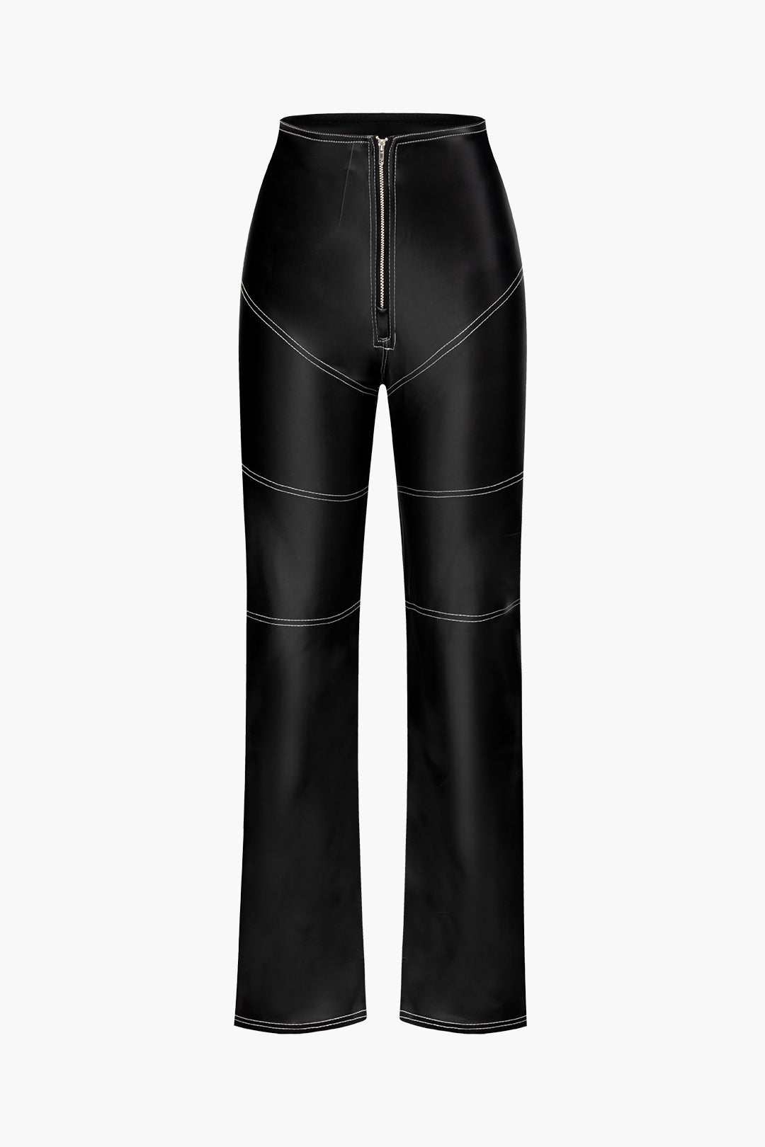 High Waisted Topstitching Faux Leather Straight Leg Pants