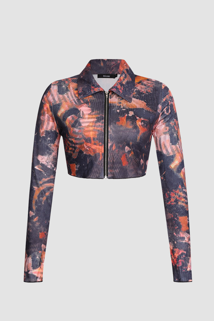 Artistic Printed Zipper Jacket With Collar