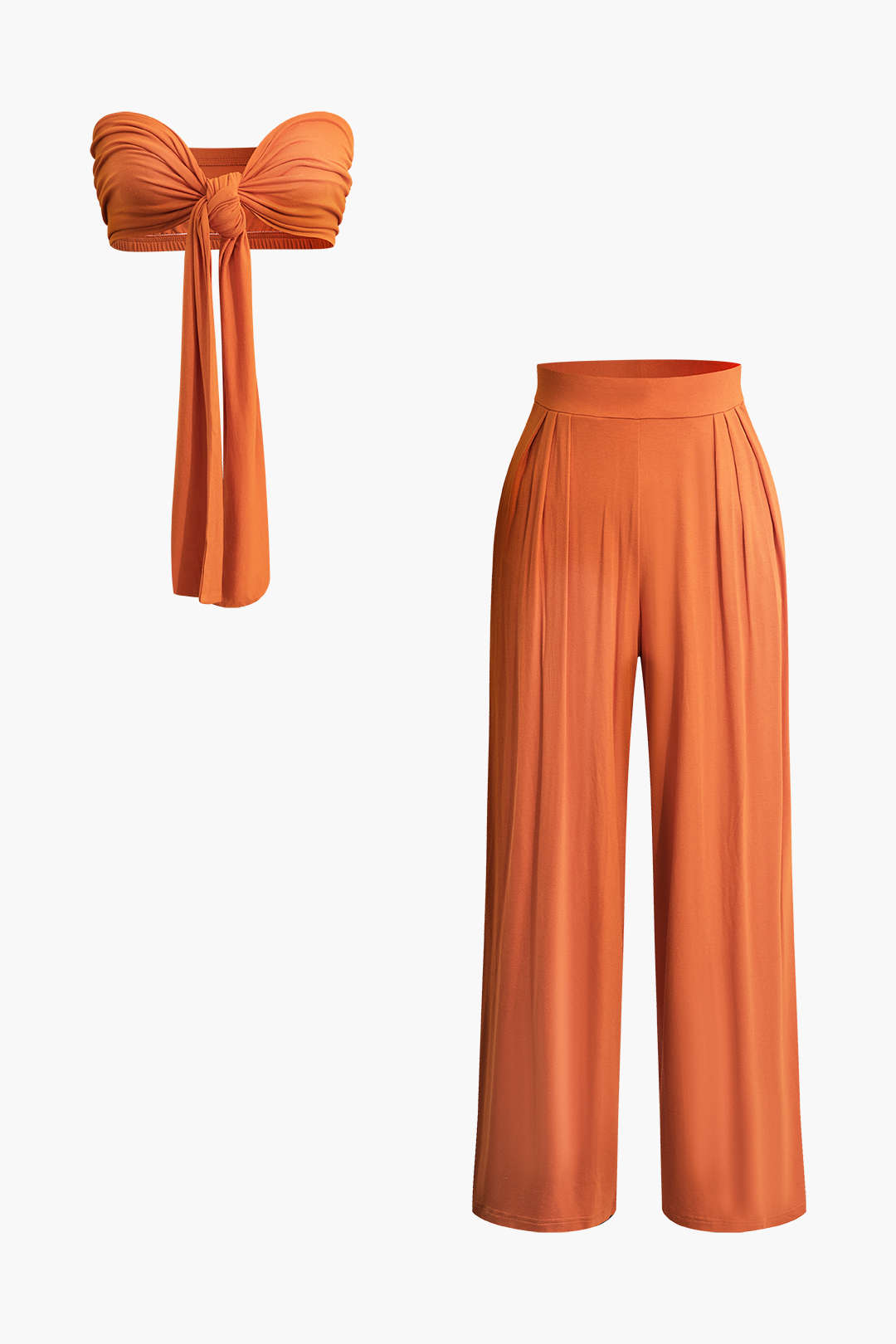 Tie Knot Front Ruched Tube Top And Pleated Wide Leg Pants