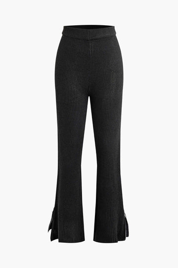 Half Zipper Stand Collar Long Sleeve Top And High Waist Slit Flare Leg Pants Set