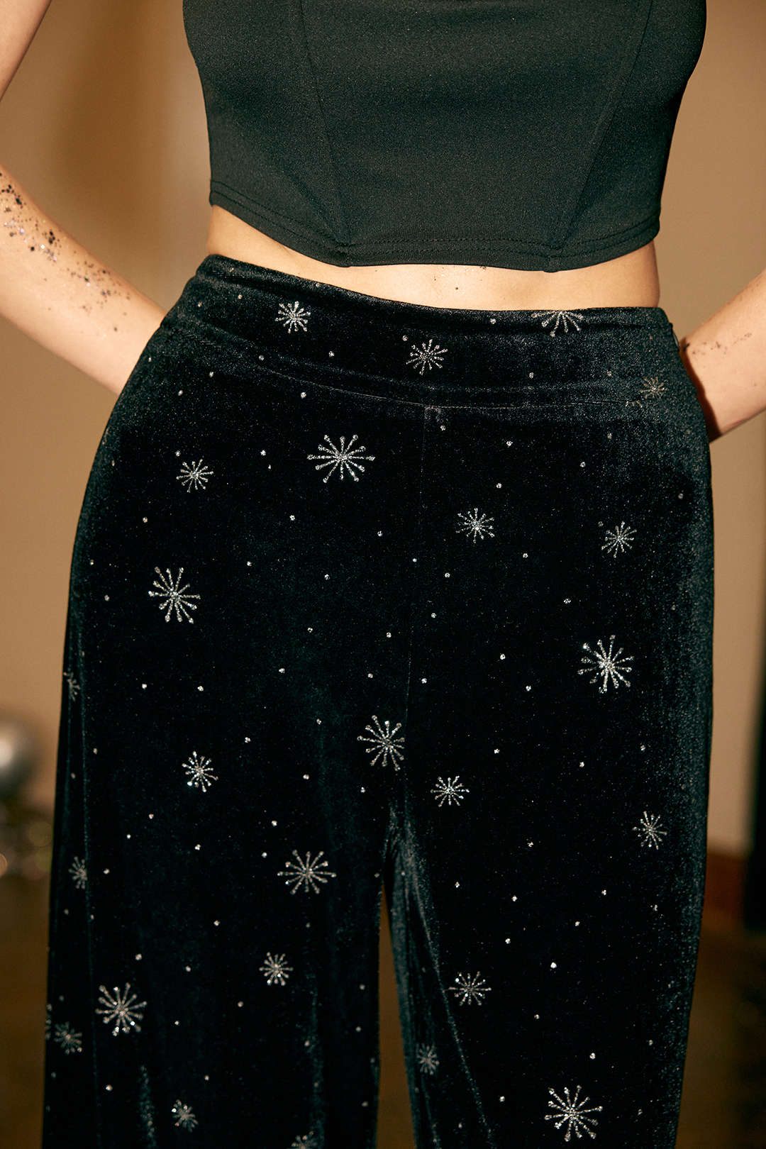 High Waist Velvet Snowflake Pattern Straight Leg Pants