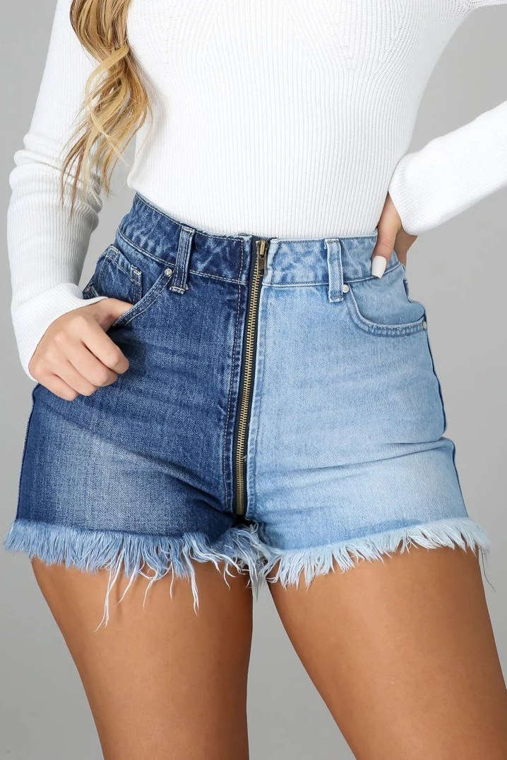 Patchwork Fringe Hem Zipper Denim Shorts