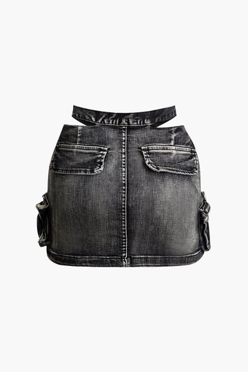 Cross Buckle Belt Denim Mini Skirt