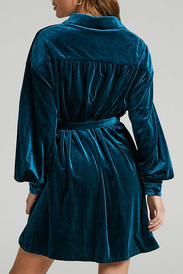 Velvet Chest Pocket Belted Mini Shirt Dress