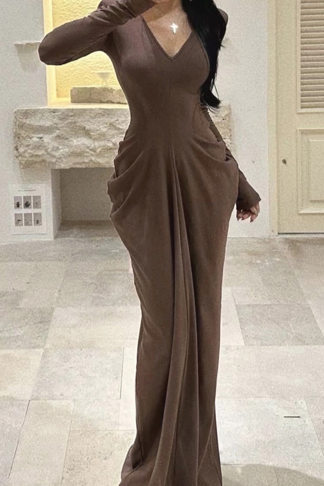 V-neck Ruched Detail Long Sleeve Maxi Dress