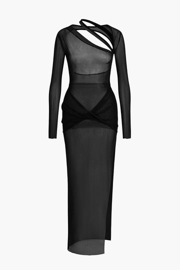 Asymmetric Sheer Mesh Slit Long Sleeve Maxi Dress