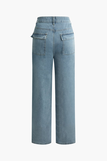 Ripped Flap Pocket Straight Leg Jeans