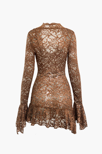 Lace Asymmetrical Hem Bell Sleeve V-neck Mini Dress