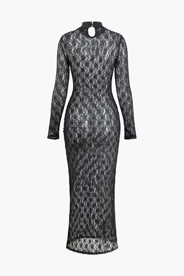 Mock Neck Lace Long Sleeve Maxi Dress