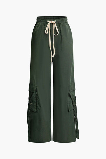 Drawstring Waist Flap Pocket Straight Leg Cargo Pants