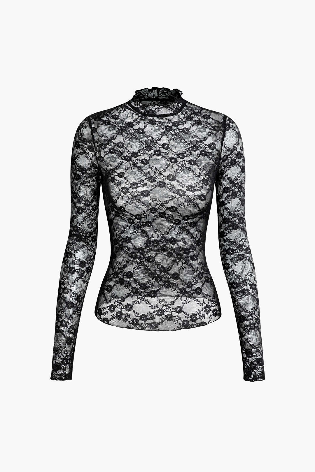 Sheer Lace Mock Neck Long Sleeve Top