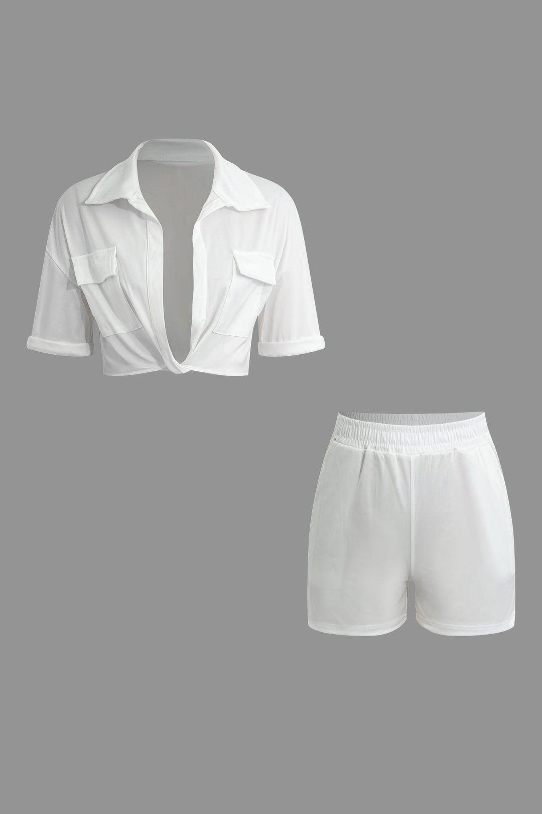 Flap Pocket V-neck Crop Shirt And Shorts Set