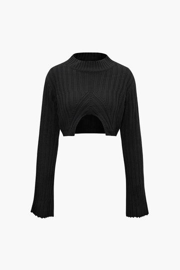 Mock Neck Knit Slit Front Long Sleeve Crop Top