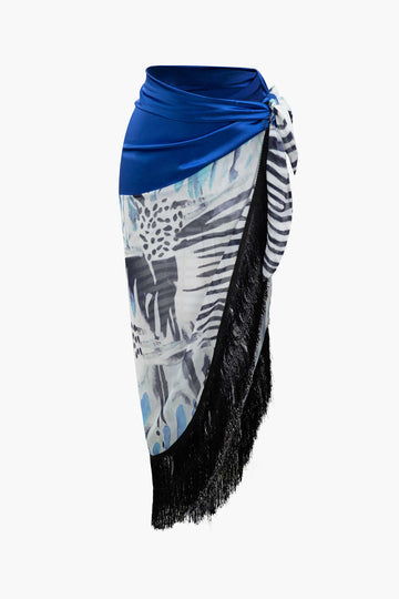 Printed Lantern Sleeve Twist Hem Shirt And Asymmetric Fringe Skirt Set