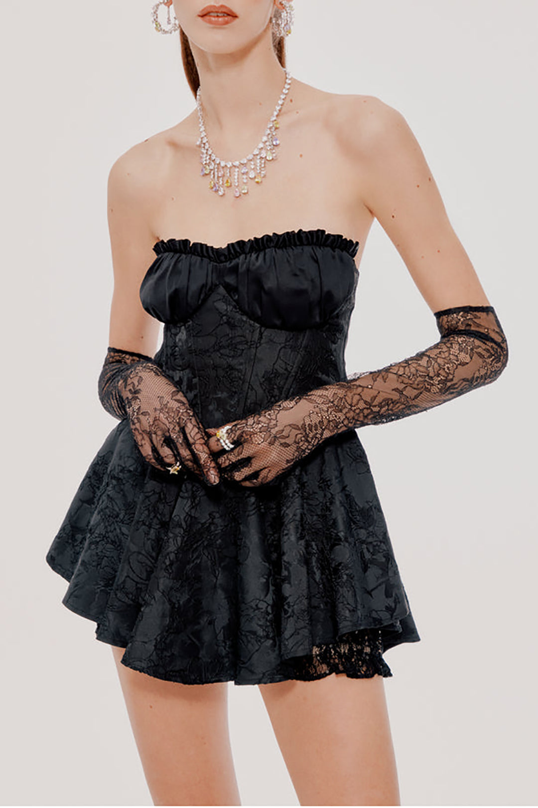 Jacquard Ruffle Strapless Mini Dress With Lace Glove