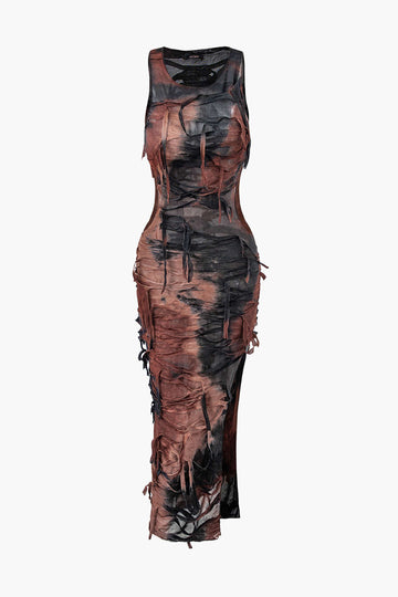 Tie Dye Distressed Sleeveless Cut Out Slit Maxi Dress