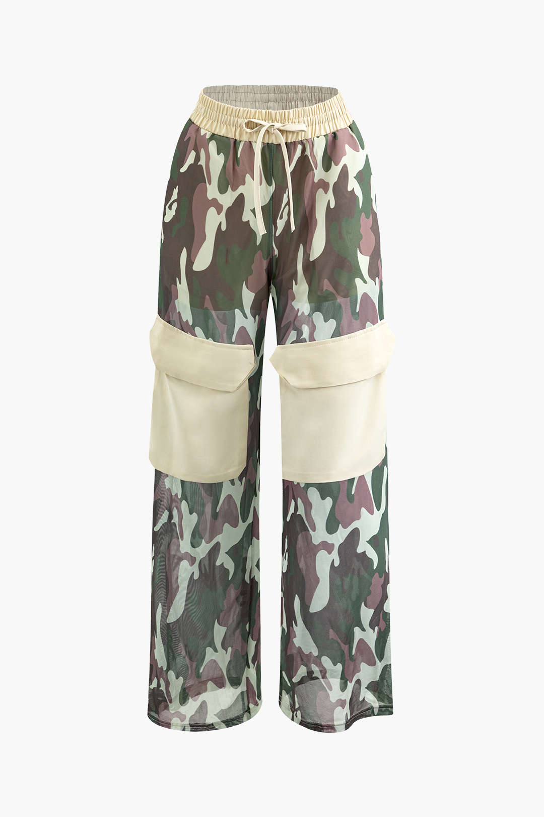 Camo Contrast High Waisted Mesh Drawstring Straight Leg Cargo Pants