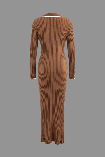 Collar Button Long Sleeve Knit Maxi Dress