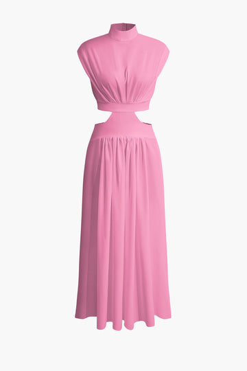 Mock Neck Cut Out Pleated Maxi Dress