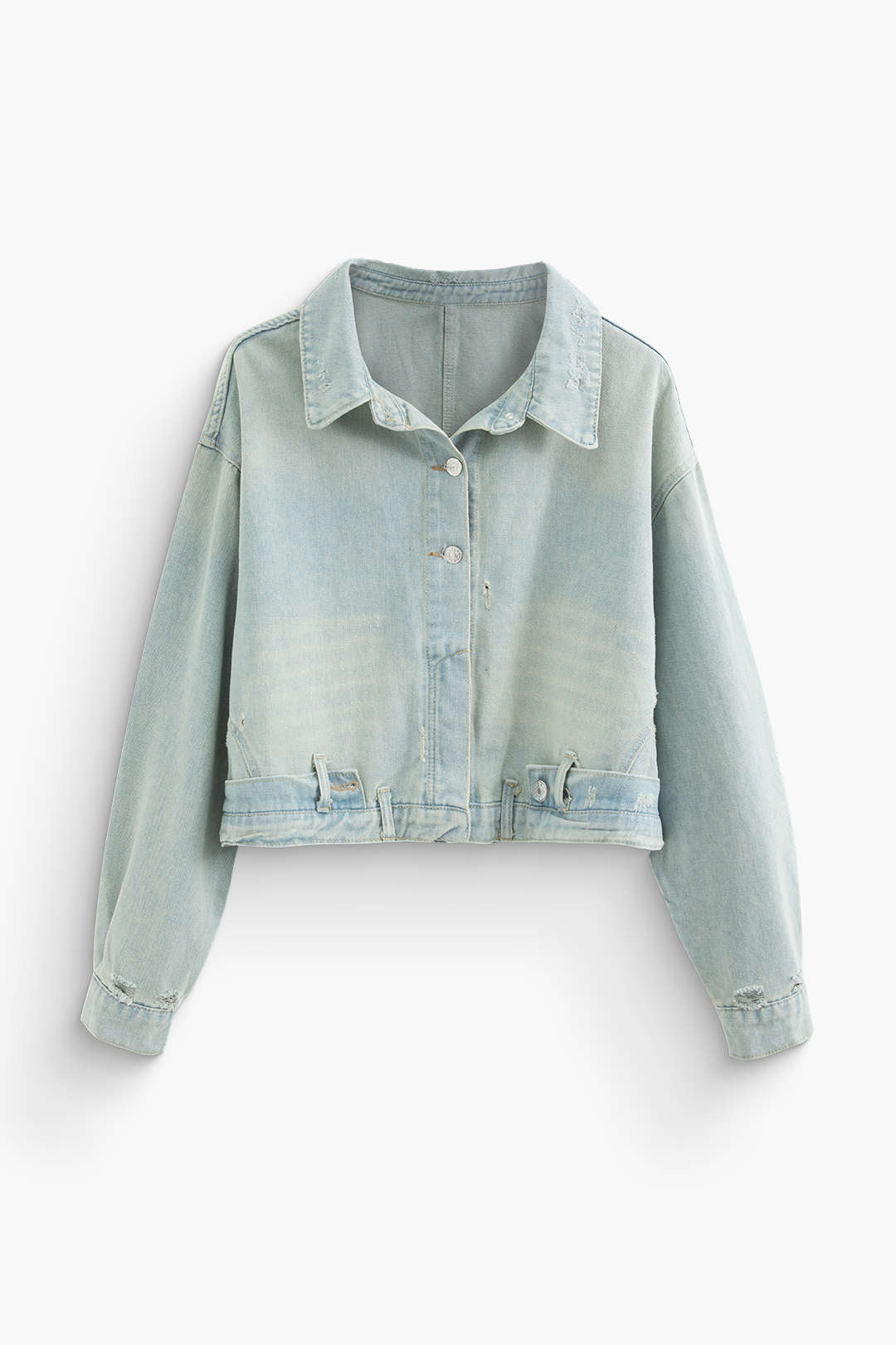 Distressed Button Up Lapel Denim Jacket