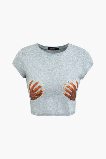 Hands Print Round Neck Crop T-shirt