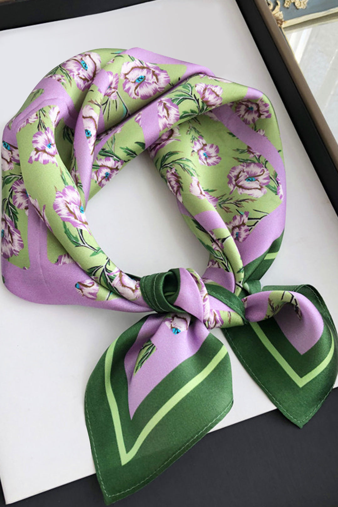 Lavender Bloom Silk Scarf with Emerald Border