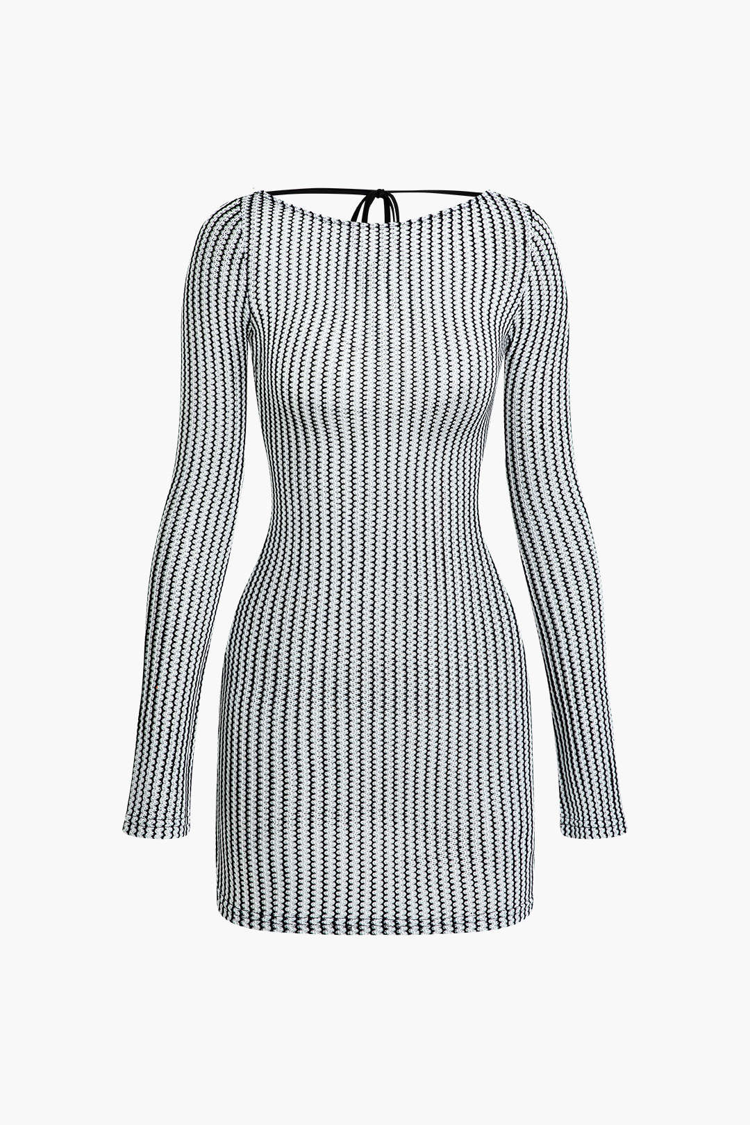 Stripe Tie Backless Round Neck Long Sleeve Mini Dress