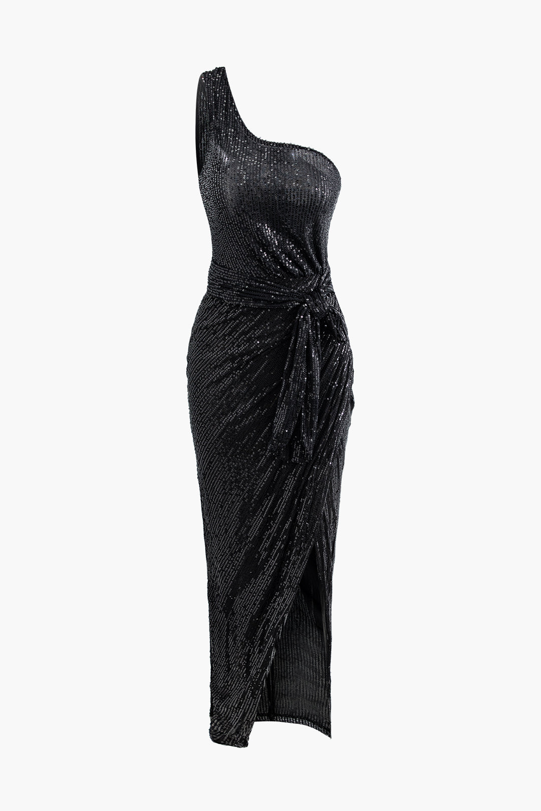 One Shoulder Knot Side Sequin Slit Maxi Dress