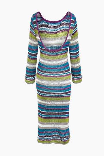 Colorblock Stripe Backless Open Knit Midi Dress