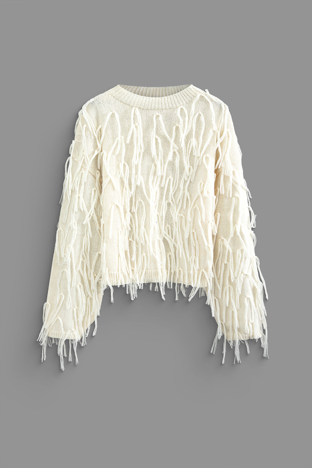 Fringe Detail Round Neck Long Sleeve Knit Top