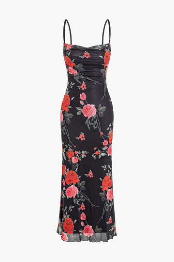 Floral Print Mesh Spaghetti Strap Midi Dress