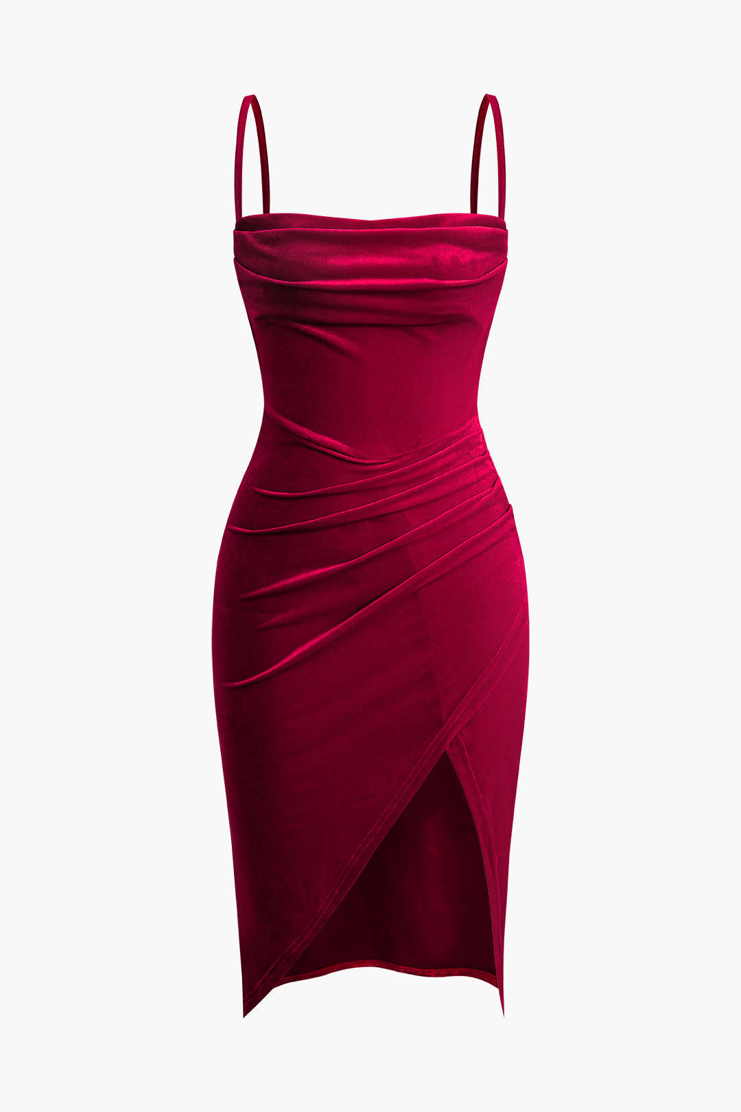 Velvet Asymmetric Wrap Ruched Slit Cami Mini Dress