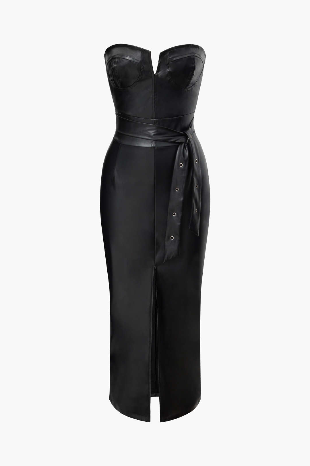 Faux Leather Strapless Slit Belted Midi Dress