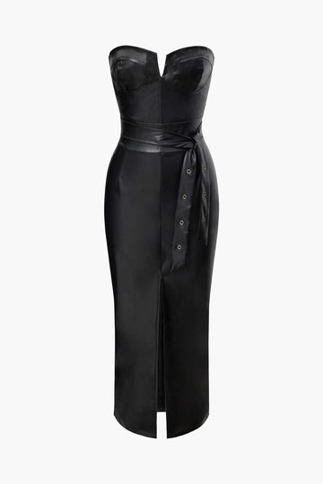 Faux Leather Strapless Slit Belted Midi Dress