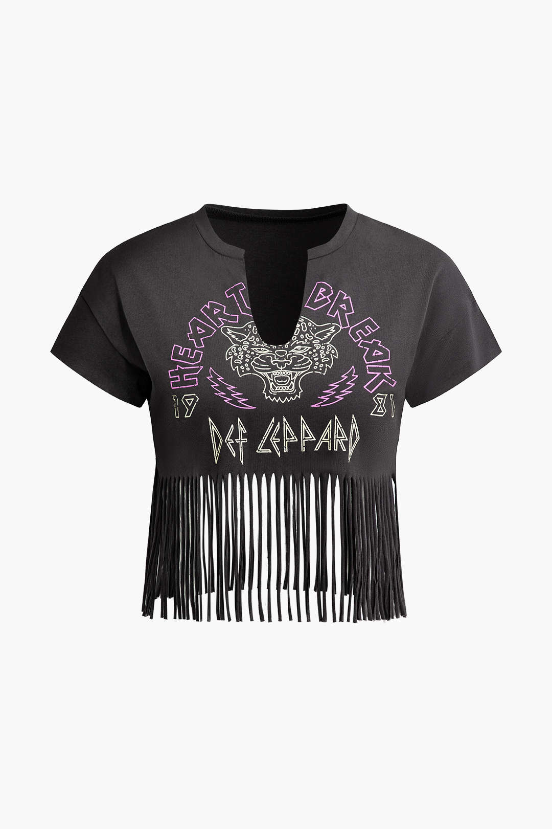 Printed Fringe Hem V-neck T-shirt